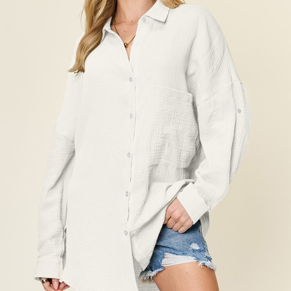 Double Take Full Size Pocketed Texture Button Up Shirt